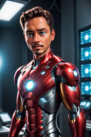 photo of handsome man, 30 year old American man, Tony Stark, from the "Avengers", (standing in a secret technology laboratoire), epiC35mm, film grain, (freckles:0.0), full body shot, (plain background:1.6), average body, pale skin, (((Ironman suit))), short black hair,  photo of perfect eyes, dark eyes, serious face,