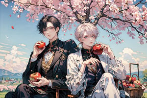 2boys, hold an apple, sit under apple tree, picnic, fox, dessert, food, a mole under eye, ear_rings, perfect light, pastelbg, best quality, highly detailed, masterpiece, 8K, looking_at_viewer, tarot card style,