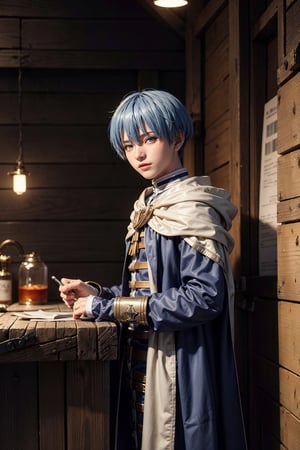 Highly detailed, High Quality, Masterpiece, beautiful,(medium long shot), game cg, 1boy, solo, male focus, looking at viewer, , , anime coloring, , himmel from sousou no frieren, himmel_sousou_no_frieren, blue hair, blue eyes, medieval costume, science fiction steam punk, 2k resolution