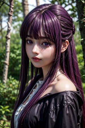Highly detailed, High Quality, Masterpiece, beautiful,(medium long shot), 1girl, Fern from Frieren Beyond Journeys End,long hair, bangs, (purple eyes:1.1), purple hair, sidelocks, blunt bangs, (bright pupils:1.5), half updo, in middle forest, night