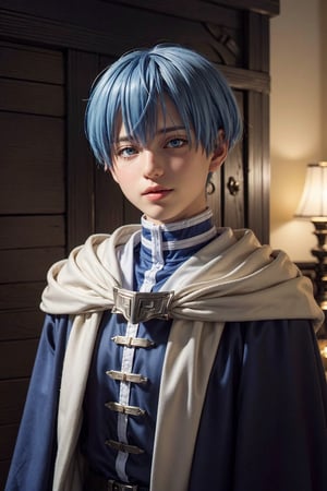 Highly detailed, High Quality, Masterpiece, beautiful,(medium long shot), game cg, 1boy, solo, male focus, looking at viewer, , , anime coloring, , himmel from sousou no frieren, himmel_sousou_no_frieren, blue hair, blue eyes, medieval costume, science fiction steam punk, 2k resolution