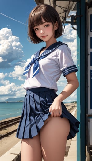 A girl at a rural seaside station, cumulonimbus clouds in the summer sky, sailor shirt, navy blue pleated micro mini skirt, skirt lift, no panties, bangs, small smile, thighs, knees, short hair, cowboy shot, front light