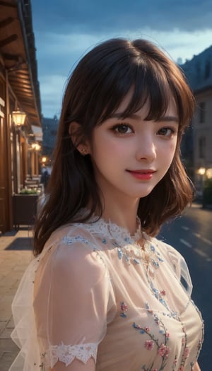 (Ultra-Realistic), (Improved Resolution), (8K), (Very Detailed),(Highest Quality), (Masterpiece), (Beautiful and Detailed Face), (Detailed Face), 1 Girl, Looking at the Viewer, Attractive Face, Modest Smile, Long Hair, Straight Hair, Oblique Bangs, Transparent Dress, Calm Atmosphere, Deep Shadows, Terrace at Night, Distant Night View,