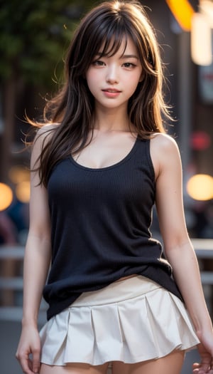 (8k, Best Quality, Masterpiece:1.2), (Realistic, Photorealistic:1.37), Super Detailed, 1 Girl, Cute, (Blushing), (Smiling:1.15), (Mouth Closed), Small Breasts , beautiful fine eyes, long hair, stray hairs, cowboy shot, tank top, miniskirt, skirt lift, (no panties), professional lighting, film grain, chromatic aberration, (bokeh:1.1), beautifully detailed sky,windlift,mygirl
