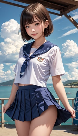 A girl at a rural seaside station, cumulonimbus clouds in the summer sky, sailor shirt, navy blue pleated micro mini skirt, skirt lift, no panties, bangs, small smile, thighs, knees, short hair, cowboy shot, front light