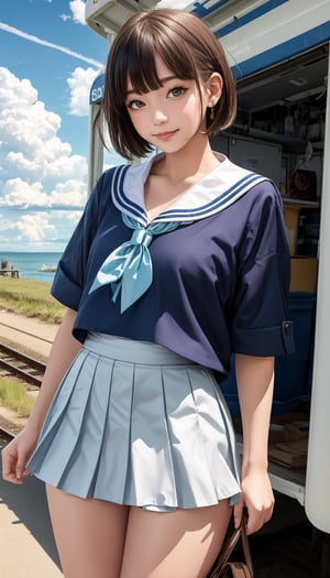 A girl at a rural seaside station, cumulonimbus clouds in the summer sky, sailor shirt, navy blue pleated micro mini skirt, skirt lift, no panties, bangs, small smile, thighs, knees, short hair, cowboy shot, front light