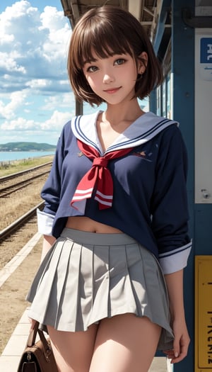 A girl at a rural seaside station, cumulonimbus clouds in the summer sky, sailor shirt, navy blue pleated micro mini skirt, skirt lift, no panties, bangs, small smile, thighs, knees, short hair, cowboy shot, front light