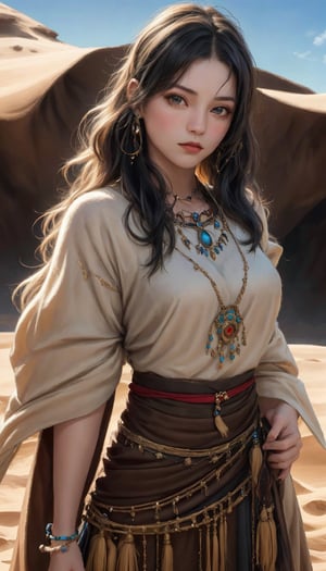 a young woman in shaman's garb, portrait shot of a beautiful youth, an ancient princess, the vanishing line of the desert is below the woman's waist, the sky is clear and transparent, (best quality,4k,8k,highres,masterpiece:1.2),ultra-detailed,(realistic,photorealistic,photo-realistic:1.3), HDR, UHD, studio lighting, ultra-fine painting, sharp focus, physically-based rendering, extreme detail description, professional, vivid colors, bokeh, desert, traditional costume, shaman, young woman, portrait, ancient princess, clear sky,windlift