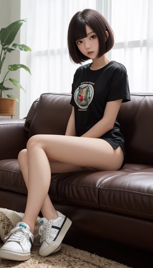 Exquisite detail, detailed background, surreal, petite cute girl, short body, young, black straight hair, bob cut hair, black t-shirt, bottomless, no shorts, no pants, no panties, sitting on sofa, dark leather couch, living room, warm light falling on body, narrowed eyes, serious expression, sneakers