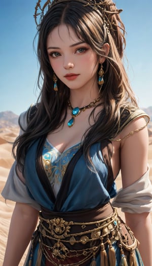 a young woman in shaman's garb, portrait shot of a beautiful youth, an ancient princess, the vanishing line of the desert is below the woman's waist, the sky is clear and transparent, (best quality,4k,8k,highres,masterpiece:1.2),ultra-detailed,(realistic,photorealistic,photo-realistic:1.3), HDR, UHD, studio lighting, ultra-fine painting, sharp focus, physically-based rendering, extreme detail description, professional, vivid colors, bokeh, desert, traditional costume, shaman, young woman, portrait, ancient princess, clear sky,windlift