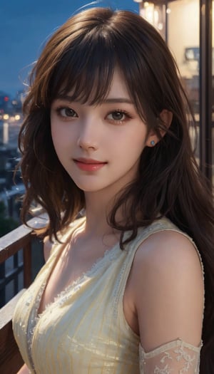 (Ultra-Realistic), (Improved Resolution), (8K), (Very Detailed),(Highest Quality), (Masterpiece), (Beautiful and Detailed Face), (Detailed Face), 1 Girl, Looking at the Viewer, Attractive Face, Modest Smile, Long Hair, Straight Hair, Oblique Bangs, Transparent Dress, Calm Atmosphere, Deep Shadows, Terrace at Night, Distant Night View,