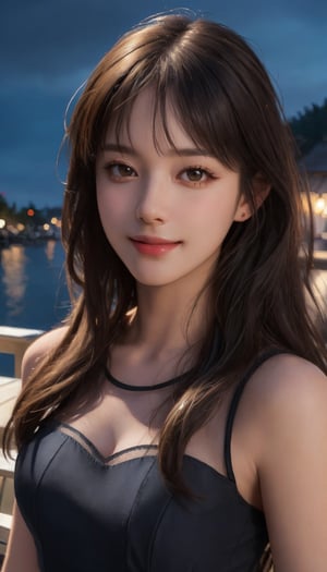 (Ultra-Realistic), (Improved Resolution), (8K), (Very Detailed),(Highest Quality), (Masterpiece), (Beautiful and Detailed Face), (Detailed Face), 1 Girl, Looking at the Viewer, Attractive Face, Modest Smile, Long Hair, Straight Hair, Oblique Bangs, Transparent Dress, Calm Atmosphere, Deep Shadows, Terrace at Night, Distant Night View,