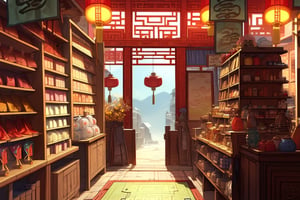 In ancient China, at noon, in a shop, selling fabrics,pastelbg