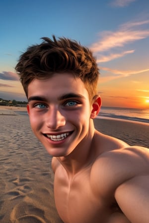 16 year old streamer handsome appearance a beautiful sunset, gym physique ,real life effects,motion effects,no buildings,clear clouds,beach place,White skin color,Real life landscape,hunter eyes,and defined jaw,a smiling or attractive face,perfect teeth,muscle effect,eyes looking at the camera

