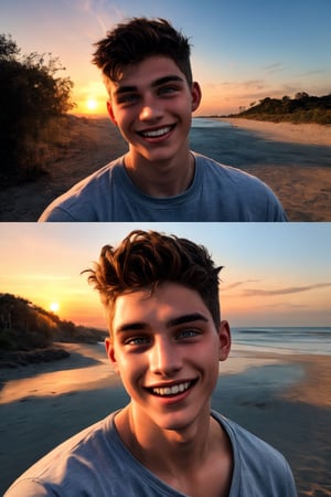 16 year old streamer handsome appearance a beautiful sunset, gym physique ,real life effects,motion effects,no buildings,clear clouds,beach place,White skin color,Real life landscape,hunter eyes,and defined jaw,a smiling or attractive face,perfect teeth,muscle effect

