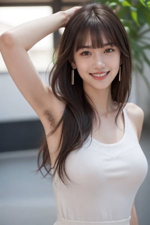 1girl, solo, long hair, looking at viewer, smile, bangs, brown hair,  jewelry, upper body, naked_boots , earrings, teeth, blunt bangs, grin, black eyes, lips, realistic, photo inset, armpit_hair , armpit hair:1.4,Pubic hair