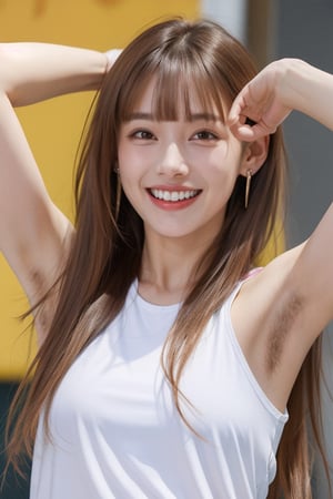 1girl, solo, long hair, looking at viewer, smile, bangs, brown hair,  jewelry, upper body, naked_boots , earrings, teeth, blunt bangs, grin, black eyes, lips, realistic, photo inset, armpit_hair , armpit hair:1.4,Pubic hair