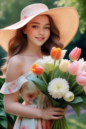 quality,4k,8k,highres,masterpiece:1.2),ultra-detailed,(realistic,photorealistic,photo-realistic:1.37),medium:oil painting,1girl,colorful flowers,garden setting,natural lighting,blooming flowers,green foliage,beautiful detailed eyes,beautiful detailed lips,natural makeup,gently smiling face,brown wavy hair,floral patterned hat,delicate hands with long fingers,flowing elegant dress,holding a meticulously arranged bouquet of various flowers,freshly picked roses,tulips,lilies,peonies,daisies,hydrangeas,exquisite details on each flower petals,soft and vibrant colors,subtle shadows and highlights,gentle breeze caressing the flowers,full of life and energy,charming and confident expression,a bee hovering around the bouquet,classical and elegant atmosphere,more detail XL