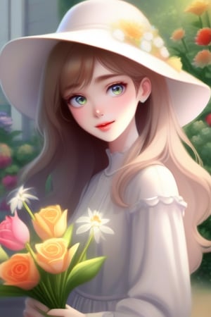 quality,4k,8k,highres,masterpiece:1.2),ultra-detailed,(realistic,photorealistic,photo-realistic:1.37),medium:oil painting,1girl,colorful flowers,garden setting,natural lighting,blooming flowers,green foliage,beautiful detailed eyes,beautiful detailed lips,natural makeup,gently smiling face,brown wavy hair,floral patterned hat,delicate hands with long fingers,flowing elegant dress,holding a meticulously arranged bouquet of various flowers,freshly picked roses,tulips,lilies,peonies,daisies,hydrangeas,exquisite details on each flower petals,soft and vibrant colors,subtle shadows and highlights,gentle breeze caressing the flowers,full of life and energy,charming and confident expression,a bee hovering around the bouquet,classical and elegant atmosphere,more detail XL