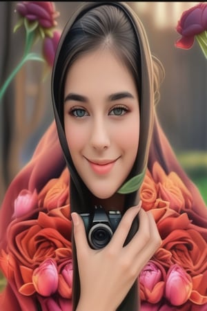 quality,4k,8k,highres,masterpiece:1.2),ultra-detailed,(realistic,photorealistic,photo-realistic:1.37),medium:oil painting,1girl,colorful flowers,garden setting,natural lighting,blooming flowers,green foliage,beautiful detailed eyes,beautiful detailed lips,natural makeup,gently smiling face,brown wavy hair,floral patterned hat,delicate hands with long fingers,flowing elegant dress,holding a meticulously arranged bouquet of various flowers,freshly picked roses,tulips,lilies,peonies,daisies,hydrangeas,exquisite details on each flower petals,soft and vibrant colors,subtle shadows and highlights,gentle breeze caressing the flowers,full of life and energy,charming and confident expression,a bee hovering around the bouquet,classical and elegant atmosphere,more detail XL