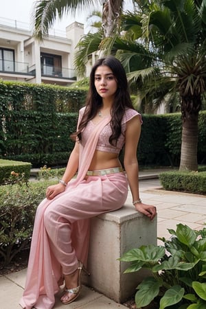 lovely cute young attractive indian girl,  blue eyes,  gorgeous actress,  cute,  an Instagram model,  long hair, full body, head to toe, wearing pink  saree with heels in garden 
 