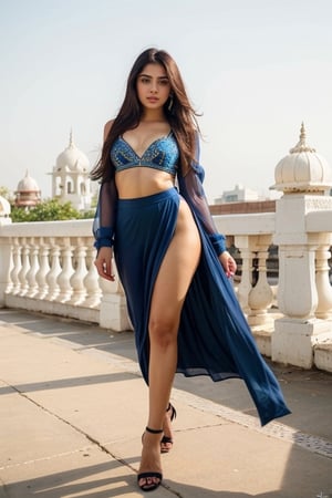 lovely cute young attractive indian girl,  blue eyes,  gorgeous actress,  cute,  an Instagram model,  long hair, full body, head to toe, walking on heels 
 