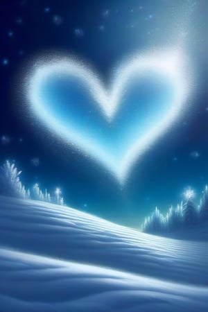 Snow forming an heart, sparkling blue, near the sky