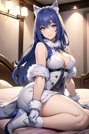 (best quality, ultra-high-detailed), 1girl, (Darling, on bed in luxury bedroom, fur cat ears, white full lenght fur coat, gloves, fur collar, blue-violet hair, loose hair, long hair, blue eyes, makeup, perfect breasts, voloptuous, beautiful face, beautiful eyes),18+,sexy, Masterpiece, More Detail, dynamic pose, 