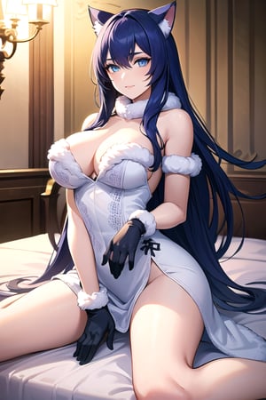 (best quality, ultra-high-detailed), 1girl, (Darling, on bed in luxury bedroom, fur cat ears, white full lenght fur coat, gloves, fur collar, blue-violet hair, loose hair, long hair, blue eyes, makeup, perfect breasts, voloptuous, beautiful face, beautiful eyes),18+,sexy, Masterpiece, More Detail, dynamic pose, 