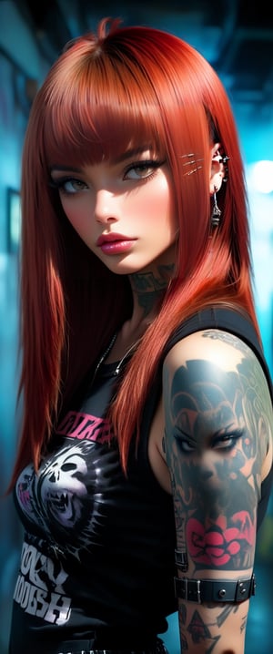 (masterpiece, top quality, best quality, official art, beautiful and aesthetic:1.2), hdr, high contrast, wideshot, 1girl, long red straight hair with bangs, look at viewer, clearly brown eyes, longfade eyebrow, soft make up, ombre lips, full body tattoo, medium breast, punk girl, (punk theme:1.5), finger detailed, background detailed, ambient lighting, extreme detailed, cinematic shot, realistic ilustration, (soothing tones:1.3), (hyperdetailed:1.2)