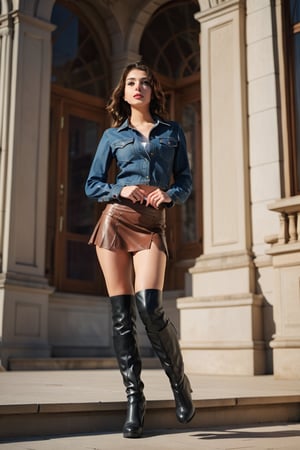 a beautiful young woman, heroine, standing legs apart, on guard,  ((very short mini skirt)), ((showing a hint of her panties)), knee length boots, caucasian, low camera angle, subdued lighting, in front of an imposing building,realistic, full length image,ohwx woman