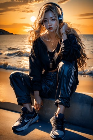 AsianGirl1943 ,grey blonde hair(very long hair, curly_hair),hiphop dancer,wearing all black clothes (loose fit top and wide cargo pants),sneakers,headphone, sitting at sea bank,horizon,seaside,accessories(necklace,ear_rings),Best Quality, 32k, photorealistic, ultra-detailed, finely detailed, high resolution, perfect dynamic composition, beautiful detailed eyes, sharp-focus, cowboy_shot