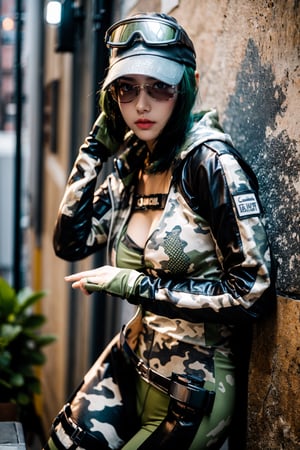Create the character of Ela agent from Rainbow Six, black baseball cap with protective glasses on her head, noise protectors and intercom on. short, dark green hair, (((light camouflage military jacket))), green lycra, fingerless gloves, military accessories on the legs, thin face, lip details. posture leaning against a wall, ((sensually)) close-up of her face. photograph taken with a professional canon