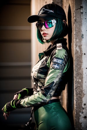 Create the character of Ela agent of rainbow six, baseball cap, protective glasses over the cap. short dark green hair, light camouflage jacket, green lycra, fingerless gloves, military accessories on the legs, thin face, lip details. posture leaning against a wall, ((sensually)) face in profile looking at the viewer out of the corner of his eye.