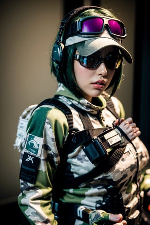 Create the character of Ela agent from Rainbow Six, black baseball cap with protective glasses on her head, noise protectors and intercom on. short dark green hair, (((light camouflage military jacket))), ((green lycra)), ((fingerless gloves)), military accessories on the legs, thin face, lip details, (( sensually)) close-up of her face. photograph taken with a professional canon. military theme