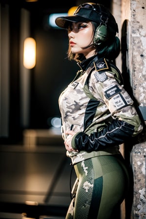 Create the character of Ela agent from Rainbow Six, black baseball cap with protective glasses on her head, noise protectors and intercom on. short, dark green hair, (((light camouflage military jacket))), green lycra, fingerless gloves, military accessories on the legs, thin face, lip details. posture leaning against a wall, ((sensually)) face in profile looking at the viewer out of the corner of his eye.