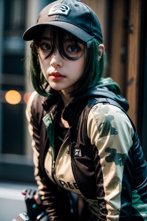 Create the character of Ela agent of rainbow six, baseball cap, protective glasses over the cap. short dark green hair, light camouflage jacket, green lycra, fingerless gloves, military accessories on the legs, thin face, lip details.