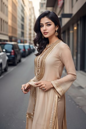 In a modern urban setting, a scientist adorned in the elegance of a shalwar qameez commands attention with her striking beauty and extraordinary intelligence. With confidence as her armor, she defies traditional gender roles, unraveling the mysteries of the universe while inspiring change and empowerment