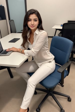 white kurta Jeans pants on a office chair, command attention with her striking beauty and extraordinary intelligence. With confidence, she defies traditional gender roles, unraveling the mysteries of the universe while inspiring change and empowerment, good looking face