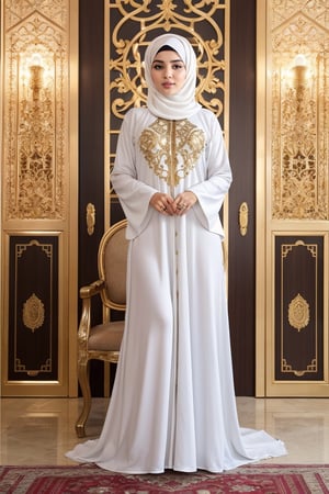 Iranian beautiful woman with an impressive,  well-defined physique reminiscent of an Iranian goddess. wear white abaya sit on the chair looking smart and gourgious
