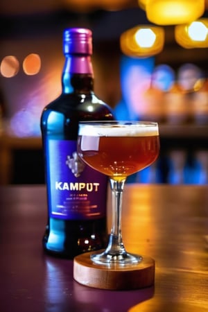 a product photography of a alcohol bottle with labeled "KAMPUT" and two glasses beside it, with background bokeh in the pub. purple toen ambient lighting
