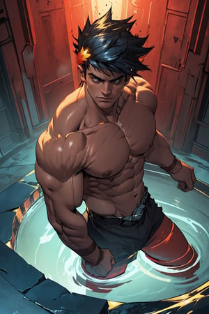 Zagreus, a powerful figure, stands confidently with his chiseled muscles rippling beneath his skin. His defined abs and broad shoulders are accentuated by the dramatic lighting, casting a warm glow on his physique. The camera captures his imposing stance from a slightly overhead angle, emphasizing his strength and authority.