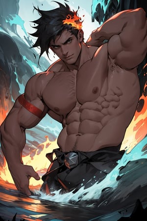 A close-up shot of Zagreus, a powerful demon with a massive, imposing physique, his large muscles rippling beneath his dark, scaly skin as he flexes his arm, the lighting casting deep shadows on his face and highlighting the sharp contours of his features. The background is a dark, eerie abyss, with faint, flickering flames dancing in the distance.