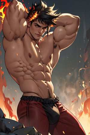 A close-up shot of Zagreus, a formidable demon with a chiseled, muscular physique, illuminated by soft golden light that accentuates his defined abs and bulging biceps. His piercing red eyes seem to burn with an inner fire as he flexes his massive arms, the camera angled to emphasize his powerful physique.