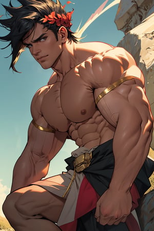 Close-up shot of Zagreus's chiseled physique, showcasing his broad chest, bulging biceps, and powerful shoulders, all exposed and gleaming in the warm golden light. The camera frames his muscular form against a neutral background, emphasizing the contours of his body as he stands confidently with his weight evenly distributed on both feet.