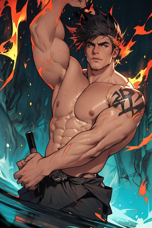 A close-up shot of Zagreus, a powerful demon with a massive, imposing physique, his large muscles rippling beneath his dark, scaly skin as he flexes his arm, the lighting casting deep shadows on his face and highlighting the sharp contours of his features. The background is a dark, eerie abyss, with faint, flickering flames dancing in the distance.