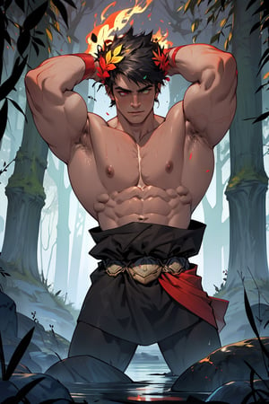 A dark-haired youth, crowned with a laurel wreath, stands proudly against a subtle gradient of evening sky. His heterochromic eyes gleam in the fading light: the left eye shines like a verdant forest, while the right burns with a fiery intensity, like molten lava. Muscular physique is on full display as he strikes a pose, showcasing his impressive physique and prominent muscles, accentuated by the absence of shoulder armor.