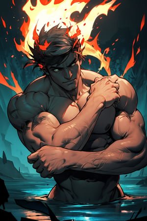 A close-up shot of Zagreus, a powerful demon with a massive, imposing physique, his large muscles rippling beneath his dark, scaly skin as he flexes his arm, the lighting casting deep shadows on his face and highlighting the sharp contours of his features. The background is a dark, eerie abyss, with faint, flickering flames dancing in the distance.