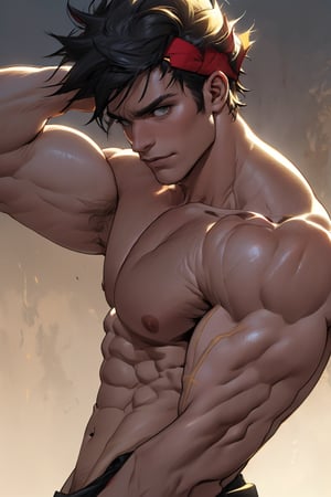 Close-up shot of Zagreus' chiseled physique, showcasing his impressive muscular development from various angles. His bulging biceps and defined pectorals are highlighted by a warm golden lighting, casting subtle shadows on his rugged skin. The camera pans across his broad chest, powerful shoulders, and toned abs as he strikes a dynamic pose, exuding confidence and strength.