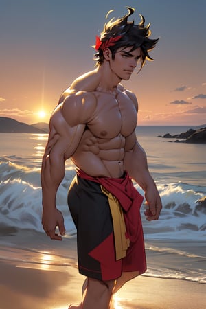 Close-up shot of Zagreus's chiseled physique, showcasing his broad chest, bulging biceps, and powerful shoulders, all exposed and gleaming in the warm golden light. The camera frames his muscular form against a neutral background, emphasizing the contours of his body as he stands confidently with his weight evenly distributed on both feet.